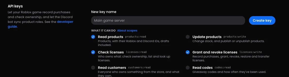 The API keys card in Settings, Integrations: a name for the key and a tick box for each scope