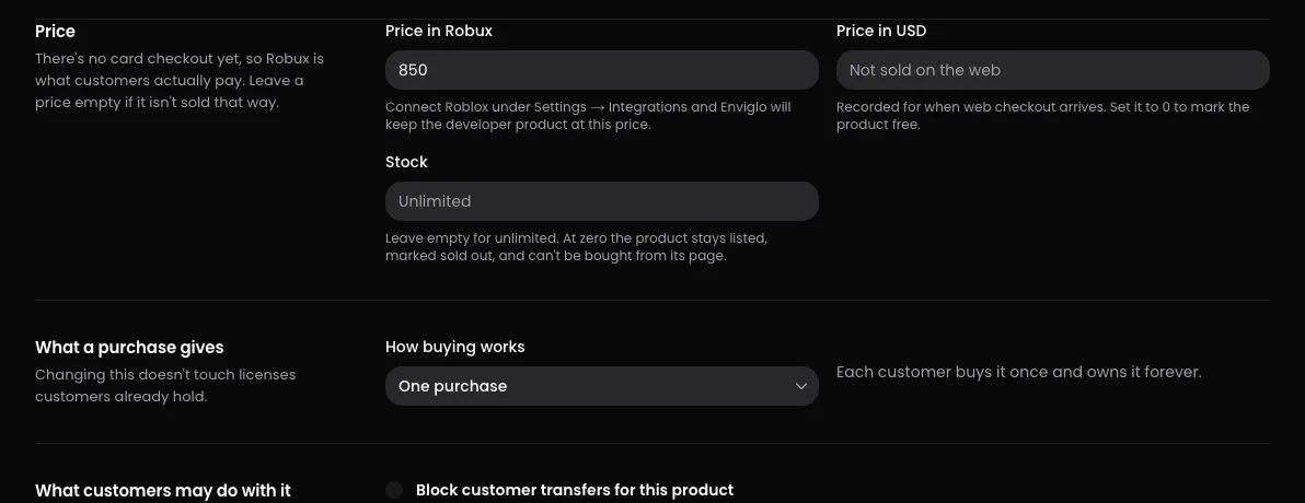 The Pricing page: price in Robux, stock, and what a purchase gives