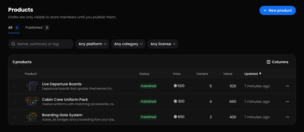 The Products list with its All, Needs attention and Published tabs, and a row for each product